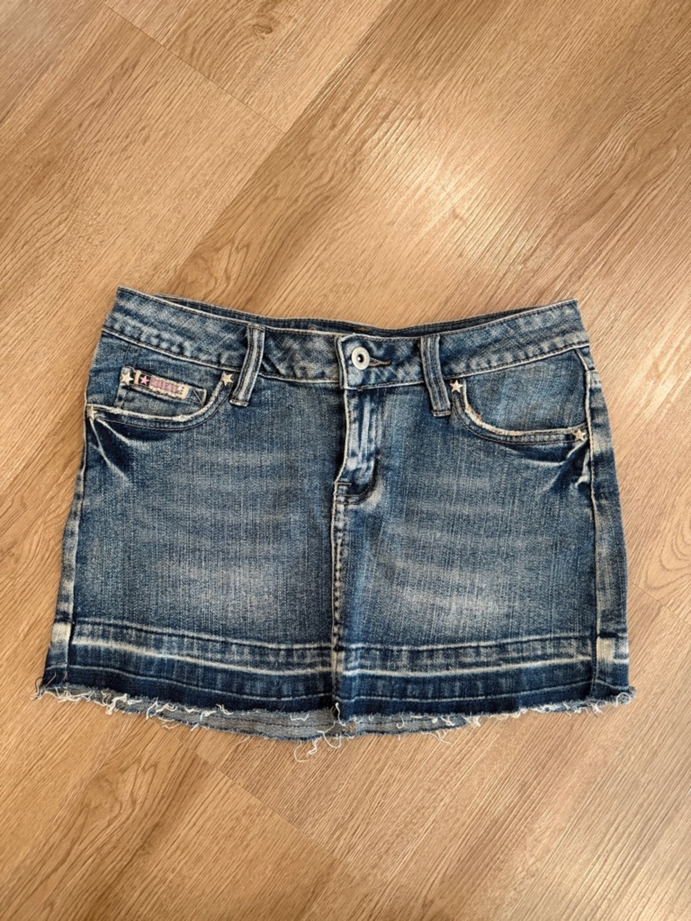 Bubblegum Blue Washed Denim Skirt with Embroidered Logo